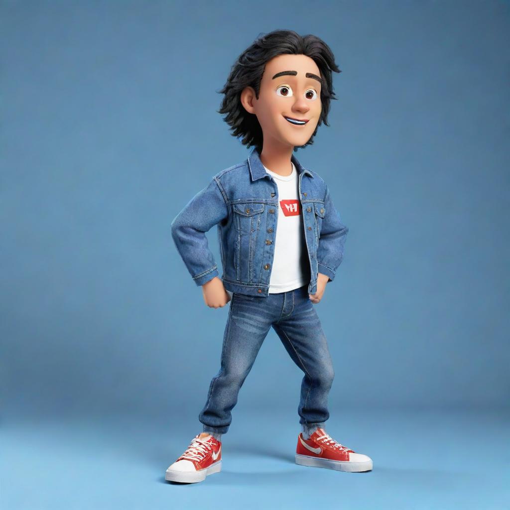 Generate a 3D illustration of a casually dressed animated character, with the phrase 'Channel med kas' on the right. The character is wearing modern casual attire like a denim jacket and sneakers, with the YouTube logo as the backdrop.