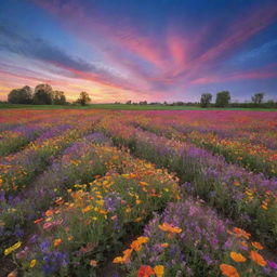 A vibrant sky with streaks of color, stretching over a field bursting with blooming flowers, casting hues onto the earth.