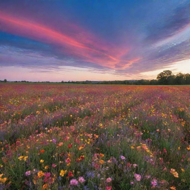 A vibrant sky with streaks of color, stretching over a field bursting with blooming flowers, casting hues onto the earth.