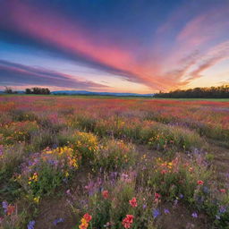 A vibrant sky with streaks of color, stretching over a field bursting with blooming flowers, casting hues onto the earth.