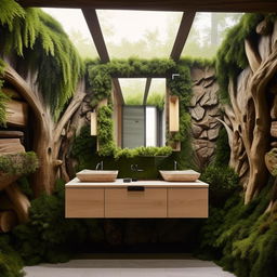 Design a modern bathroom with a forest theme, dimensions 200 cm x 195 cm, featuring natural wood elements, greenery, and stone textures.