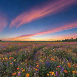 A vibrant sky with streaks of color, stretching over a field bursting with blooming flowers, casting hues onto the earth.