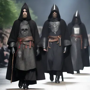 The fashion show featured a collection inspired by the headman, with models wearing dark, medieval-style robes and carrying prop axes.