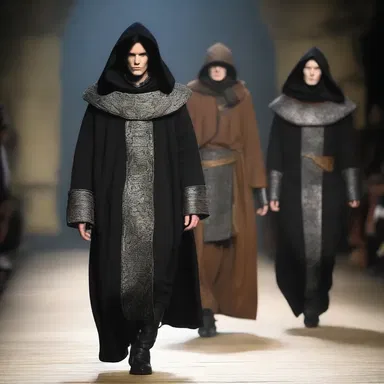The fashion show featured a collection inspired by the headman, with models wearing dark, medieval-style robes and carrying prop axes.