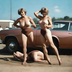 An ultra-realistic photograph depicts two thin women in their 60s wrestling