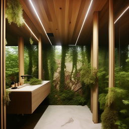 Design a modern bathroom with a forest theme, dimensions 200 cm x 195 cm, featuring natural wood elements, greenery, and stone textures.