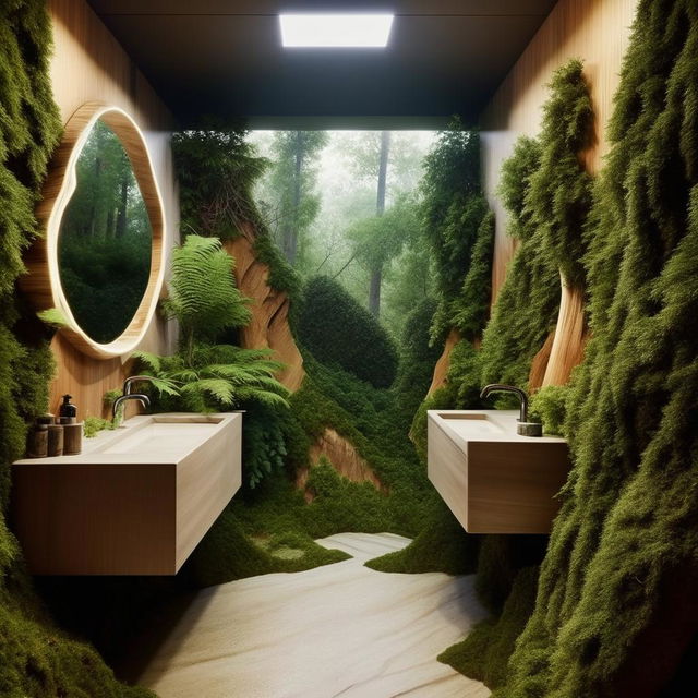 Design a modern bathroom with a forest theme, dimensions 200 cm x 195 cm, featuring natural wood elements, greenery, and stone textures.