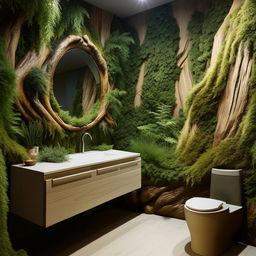 Design a modern bathroom with a forest theme, dimensions 200 cm x 195 cm, featuring natural wood elements, greenery, and stone textures.