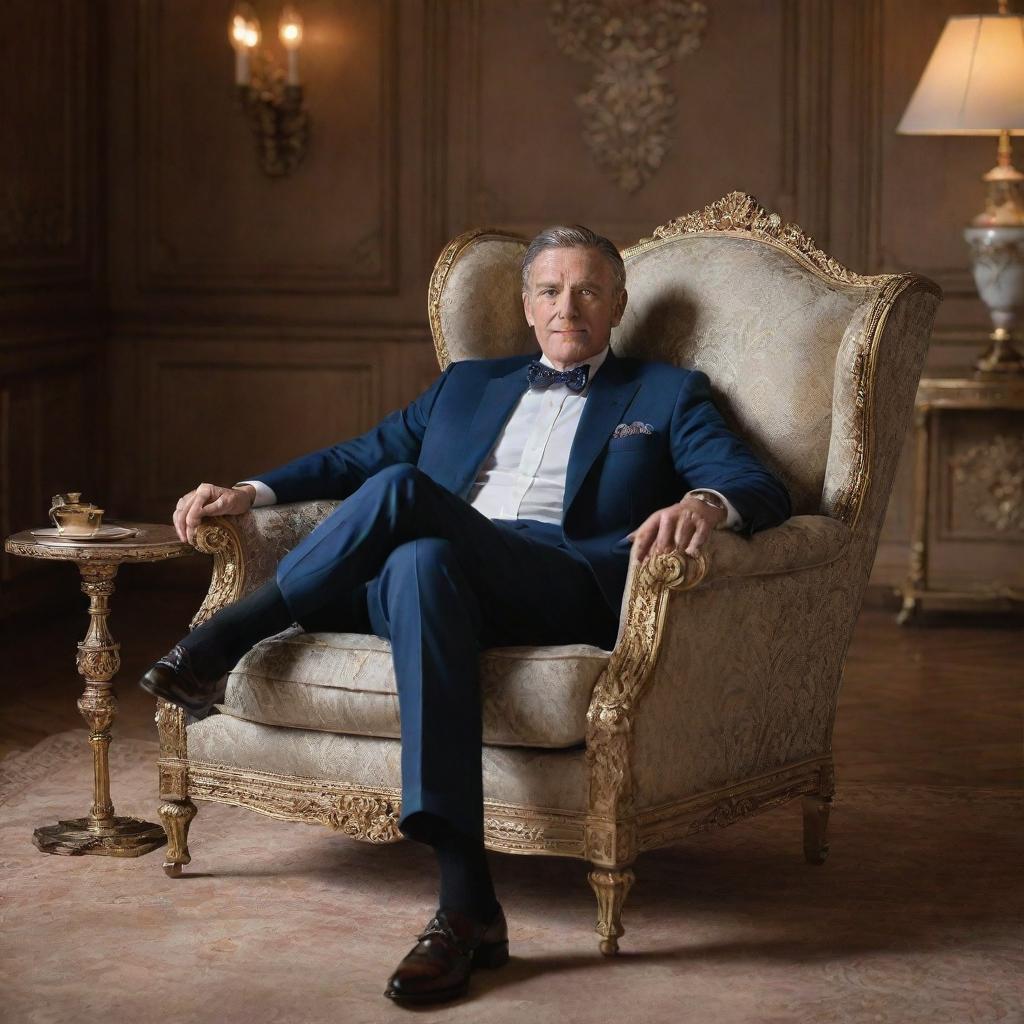 A gentleman lounging confidently in a luxuriously crafted armchair, with intricate detailing illuminating the craftsmanship.