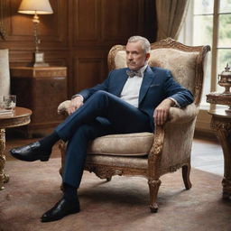 A gentleman lounging confidently in a luxuriously crafted armchair, with intricate detailing illuminating the craftsmanship.