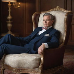 A gentleman lounging confidently in a luxuriously crafted armchair, with intricate detailing illuminating the craftsmanship.