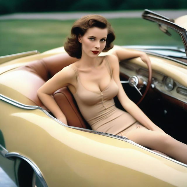 An ultra-realistic photograph features a slender woman in her 60s, reclining on a car