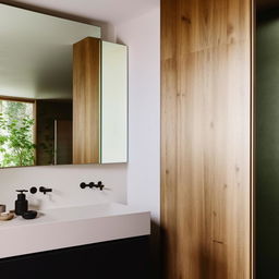 Modern bathroom with subtle forest accents, dimensions 200 cm x 195 cm, include minimalist fixtures, hints of greenery, and wood details.