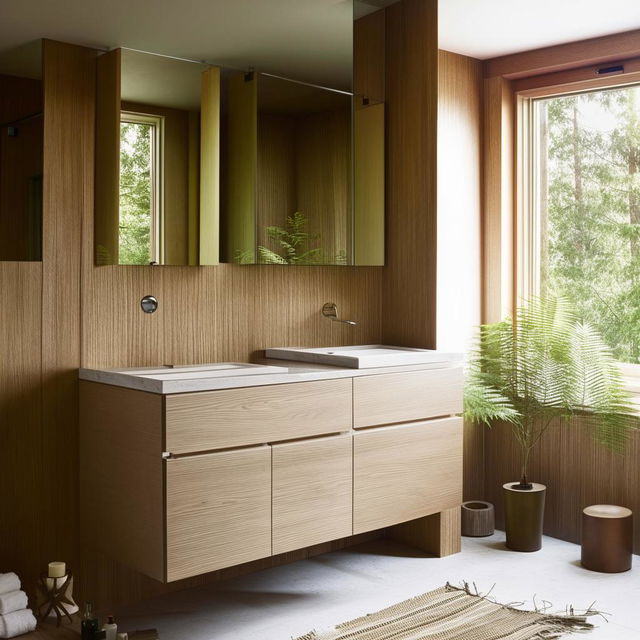 Modern bathroom with subtle forest accents, dimensions 200 cm x 195 cm, include minimalist fixtures, hints of greenery, and wood details.