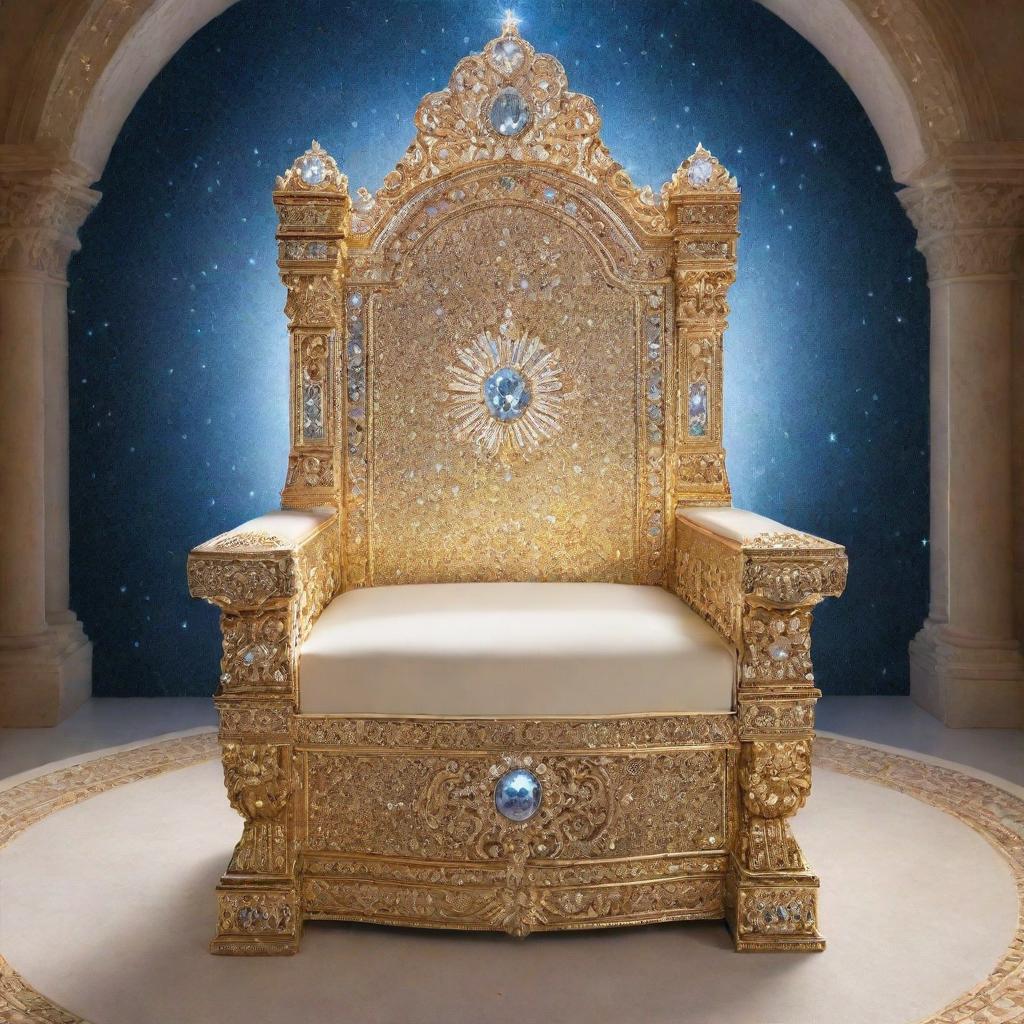 A grand throne set in the sparkling heavens, emanating a divine glow. The seat is adorned with ornate detailing and precious stones, all surrounded by a halo of celestial light.