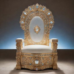 A grand throne set in the sparkling heavens, emanating a divine glow. The seat is adorned with ornate detailing and precious stones, all surrounded by a halo of celestial light.