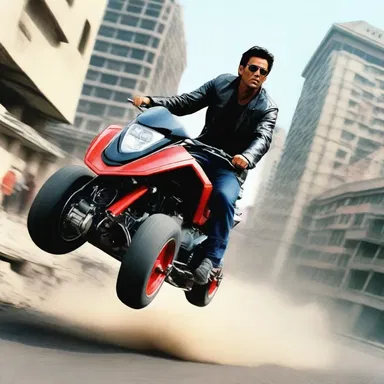 The action movie showcased a thrilling scene where the hero used a hydraulic vehicle to escape from the villains.