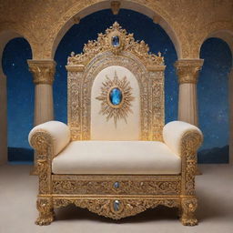 A grand throne set in the sparkling heavens, emanating a divine glow. The seat is adorned with ornate detailing and precious stones, all surrounded by a halo of celestial light.