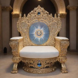 A grand throne set in the sparkling heavens, emanating a divine glow. The seat is adorned with ornate detailing and precious stones, all surrounded by a halo of celestial light.