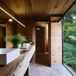 Modern bathroom with subtle forest accents, dimensions 200 cm x 195 cm, include minimalist fixtures, hints of greenery, and wood details.