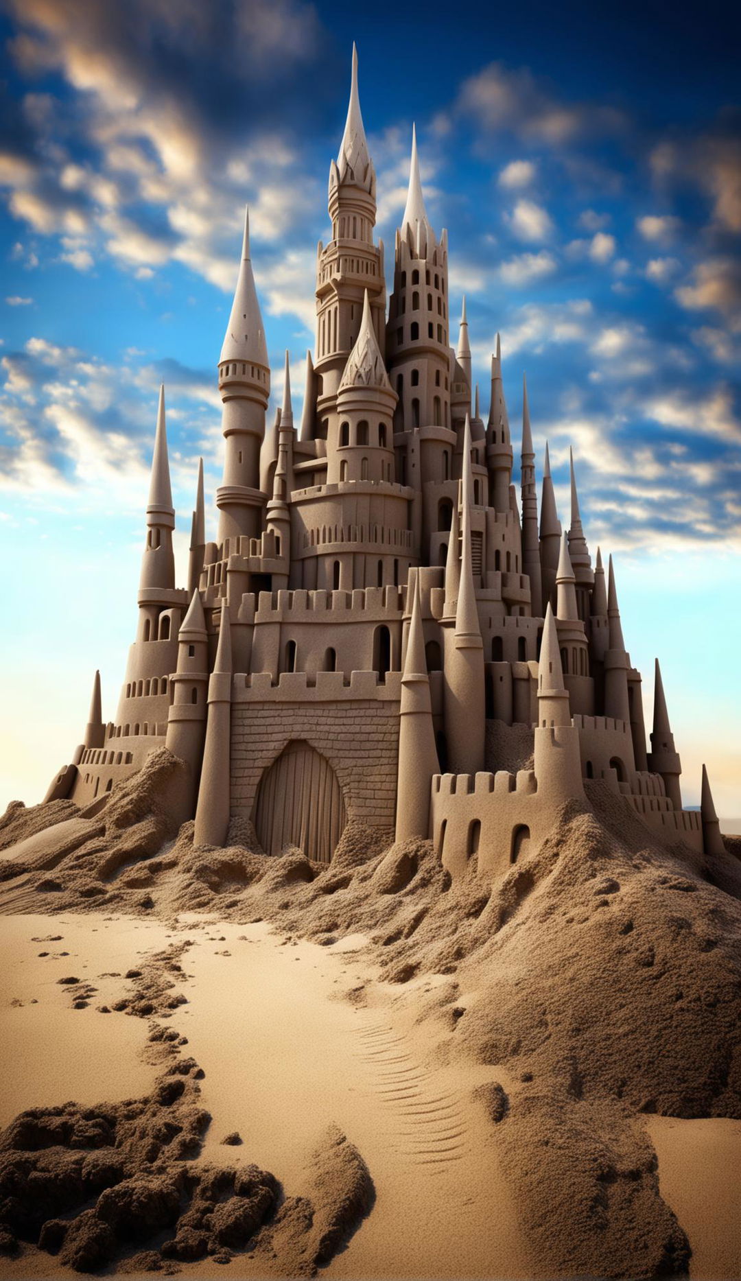 An architecturally incredible sandcastle with intricate detail stands tall on a pristine beach, bathed in the golden light of a setting sun.