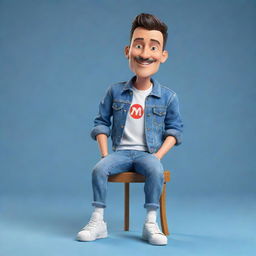 Generate a 3D illustration of a fashionable animated character, displaying the phrase 'med kas' on the right. The character should wear vacation clothing, a denim jacket, sneakers and be seated on a stylized YouTube logo.