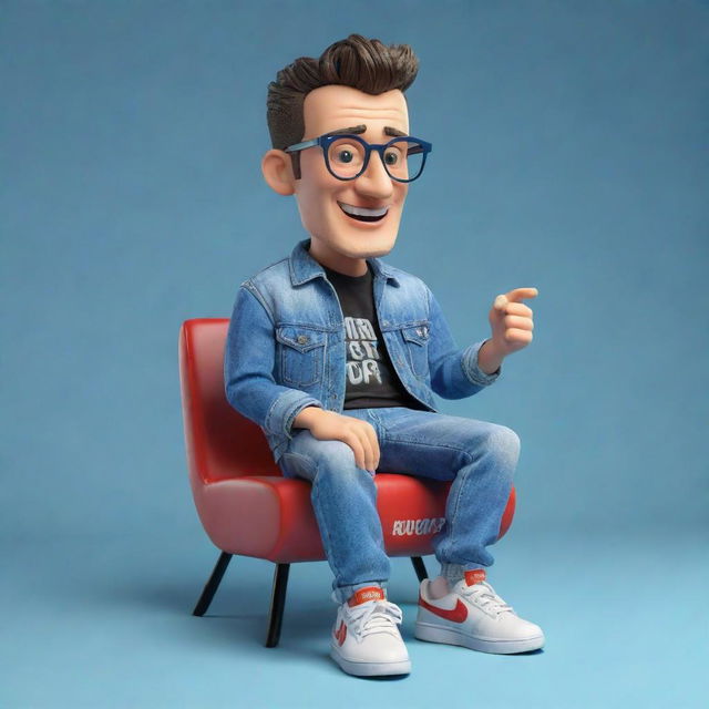 Generate a 3D illustration of a fashionable animated character, displaying the phrase 'med kas' on the right. The character should wear vacation clothing, a denim jacket, sneakers and be seated on a stylized YouTube logo.