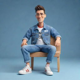 Generate a 3D illustration of a fashionable animated character, displaying the phrase 'med kas' on the right. The character should wear vacation clothing, a denim jacket, sneakers and be seated on a stylized YouTube logo.