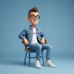 Generate a 3D illustration of a fashionable animated character, displaying the phrase 'med kas' on the right. The character should wear vacation clothing, a denim jacket, sneakers and be seated on a stylized YouTube logo.