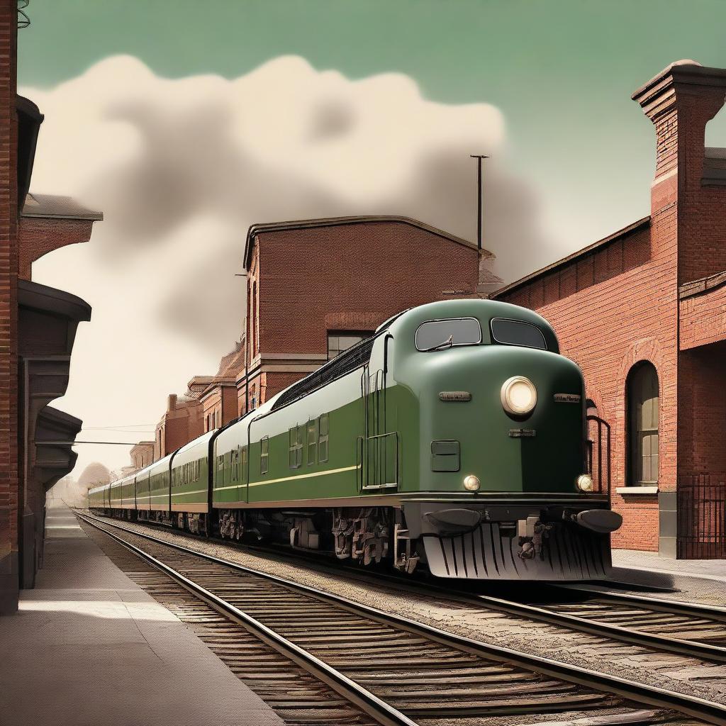 This is a high-quality vintage-style digital art image, featuring a wide train from the 1940s