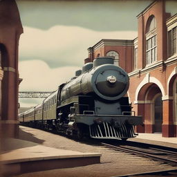 This is a high-quality vintage-style digital art image, featuring a wide train from the 1940s