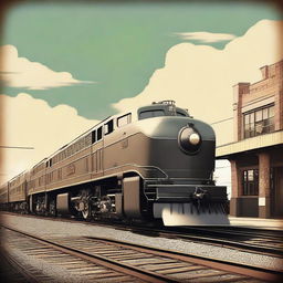 This is a high-quality vintage-style digital art image, featuring a wide train from the 1940s