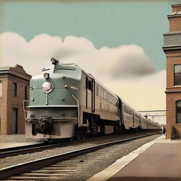 This is a high-quality vintage-style digital art image, featuring a wide train from the 1940s