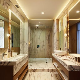 Luxurious 5.4 cubic meter bathroom interior design, modern fixtures, elegant lighting, marble tiles, spacious feel