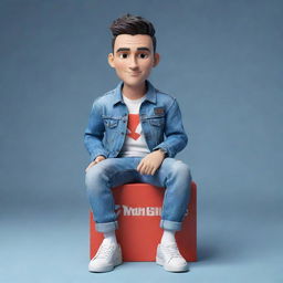 Generate a 3D illustration of a stylish animated character, labeled with 'med kas' on the right. The character is notably dressed in fashionable casual attire, including a denim jacket and sneakers, sitting comfortably on a YouTube logo.