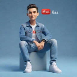 Generate a 3D illustration of a stylish animated character, labeled with 'med kas' on the right. The character is notably dressed in fashionable casual attire, including a denim jacket and sneakers, sitting comfortably on a YouTube logo.