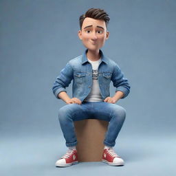 Generate a 3D illustration of a stylish animated character, labeled with 'med kas' on the right. The character is notably dressed in fashionable casual attire, including a denim jacket and sneakers, sitting comfortably on a YouTube logo.