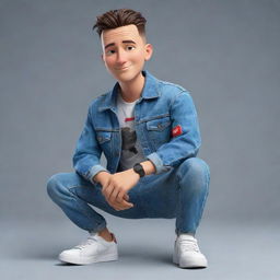 Generate a 3D illustration of a stylish animated character, labeled with 'med kas' on the right. The character is notably dressed in fashionable casual attire, including a denim jacket and sneakers, sitting comfortably on a YouTube logo.