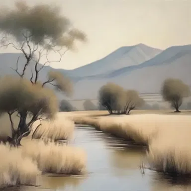 The painter used palish tones to evoke a sense of tranquility in the landscape.