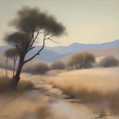 The painter used palish tones to evoke a sense of tranquility in the landscape.