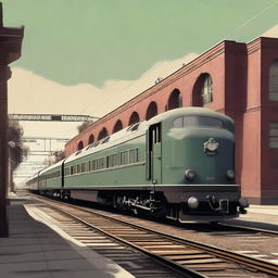 A revised high-quality digital art image portraying a wide, 6-meter-long train from the 1940s