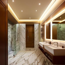 Luxurious 5.4 cubic meter bathroom interior design, modern fixtures, elegant lighting, marble tiles, spacious feel