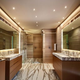 Luxurious 5.4 cubic meter bathroom interior design, modern fixtures, elegant lighting, marble tiles, spacious feel