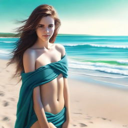 An expertly rendered digital art piece depicts an attractive 18-year-old girl with brown hair on a sandy beach