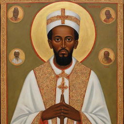 St Gebriel, a revered Ethiopian Orthodox saint, depicted with his commonly associated religious iconography in a traditional Ethiopian art style.