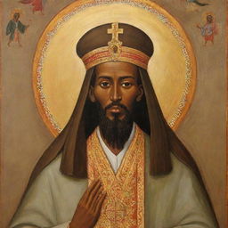 St Gebriel, a revered Ethiopian Orthodox saint, depicted with his commonly associated religious iconography in a traditional Ethiopian art style.