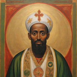 St Gebriel, a revered Ethiopian Orthodox saint, depicted with his commonly associated religious iconography in a traditional Ethiopian art style.