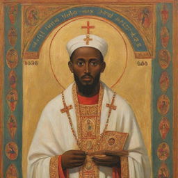 St Gebriel, a revered Ethiopian Orthodox saint, depicted with his commonly associated religious iconography in a traditional Ethiopian art style.