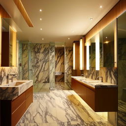 Luxurious 5.4 cubic meter bathroom interior design, modern fixtures, elegant lighting, marble tiles, spacious feel