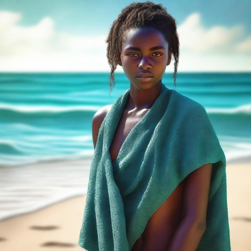 A high-quality, realistic digital art piece portrays an attractive 18-year-old girl with dark skin on a sandy beach